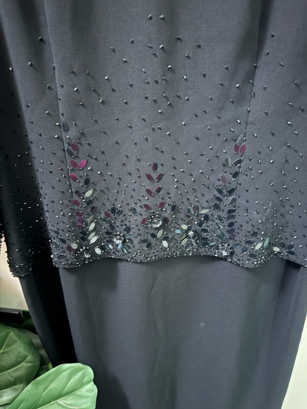 Donna Morgan Black Dress, Sequin Embellishments, 3/4 sleeves, buttons down back - Picture 2 of 12